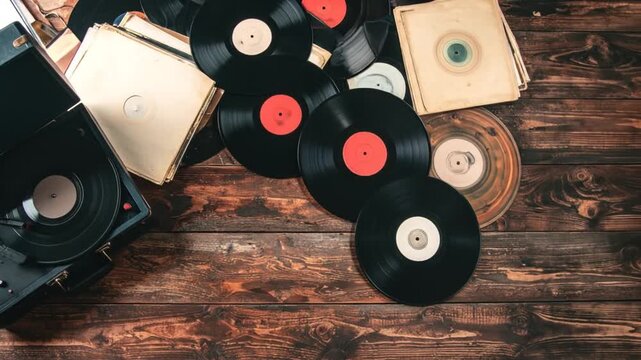 A vintage turntable and vinyl records are arranged on a rustic, wooden surface, top-down view