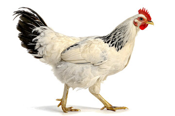 Poultry Portrait: A solitary chicken, with striking white plumage and a bold red comb, strides confidently across the frame. A celebration of natural beauty and domestic life.