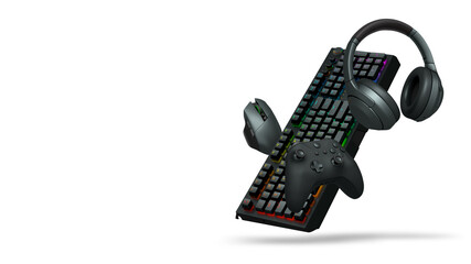 Gaming headset, console controller, ergonomic mouse, and RGB keyboard isolated on white background with clipping path