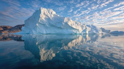 A massive iceberg floats in a calm, glassy sea, its white peak and ridges reflected perfectly in the blue water under a cloudy sky. Concept Arctic iceberg landscape, Calm polar sea