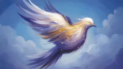 Majestic bird soars through a dreamy cloudscape with golden light and gentle feather strokes