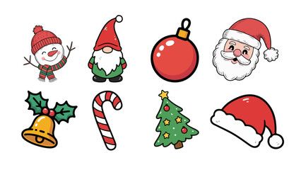 A festive set of cute Christmas cartoon illustrations including Santa Claus, ornaments, candy cane, elf, Christmas tree, bell, and holiday accessories.