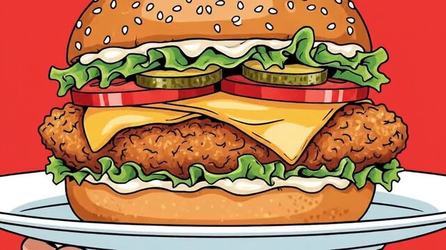 Delicious Chicken Burger on a Plate - A Mouthwatering Food Illustration.
