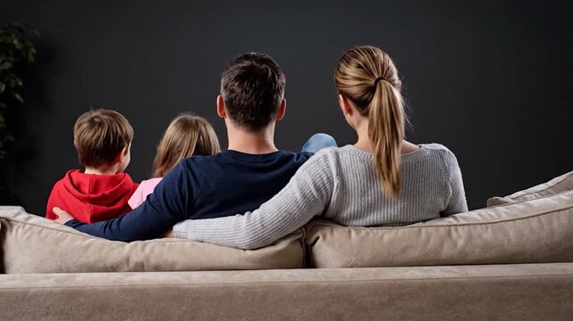 A family of four sits on a couch, seen from behind, facing a dark wall