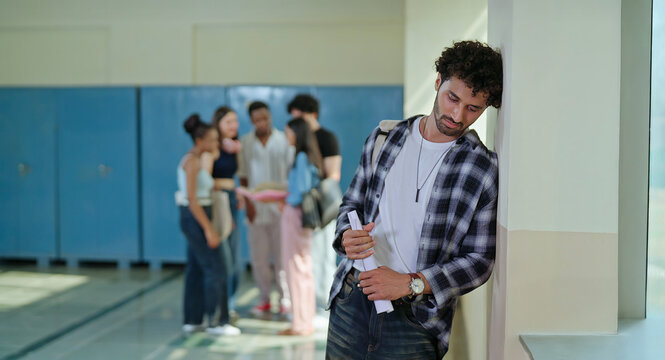 Indian sad young adult gen z man guy feel low look upset hold result paper report card fail in study exam at campus place alone lost male boy suffer fear social bully bad hostel life