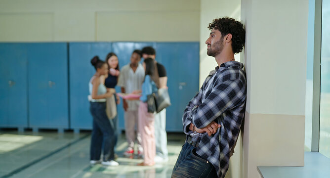 Indian sad young adult gen z man guy feel low look upset fail in study exam at campus place alone lost male boy suffer fear social bully bad hostel life