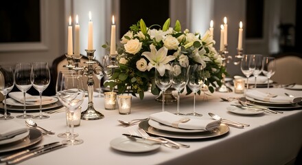 Table setting dinner party elegant candles flowers glasses plates silverware celebration event decor
