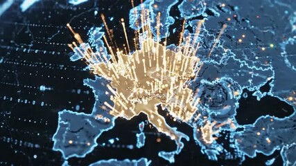 Digital Earth showing Europe and Africa with glowing cities and data streams - Powered by Adobe