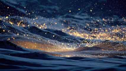 Glowing golden specks sparkling over dark blue ocean waves at night. Concept Night Ocean Glow, Golden Specks Over Waves, Moonlit Seascape, Bioluminescent Ocean Lights, Starry Sea Night