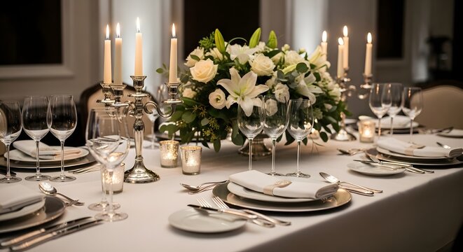 Table setting dinner party elegant candles flowers glasses plates silverware celebration event decor