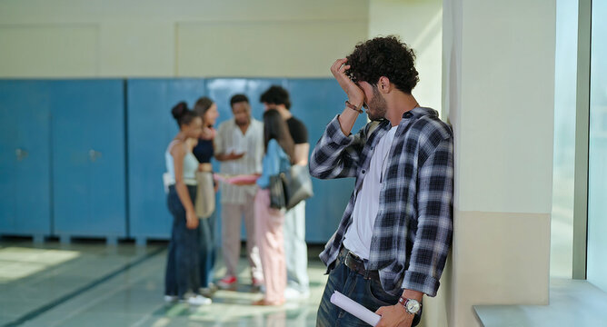 Indian sad young adult gen z man guy feel low look upset hold result paper report card fail in study exam at campus place alone lost male boy crying wipe tears suffer fear social bully bad hostel life