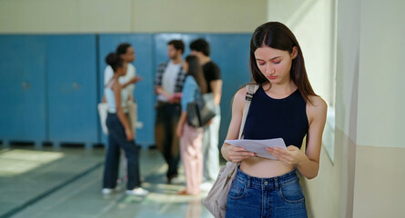 Indian young adult gen z upset student bag standing feel sad fail in exam results card indoor day place Asian tense teen age girl hold paper in hand suffer study issue have bad hostel life