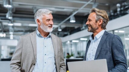 Two smiling middle-aged businessmen in a modern open office, wearing blazers and shirts, chatting with a laptop. Concept Business collaboration, Open office environment, Blazers and shirts