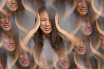 Stressed woman with eyes closed pressing temples showing migraine or headache