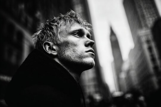 Young man standing in urban environment looking up, imagining success and ambition