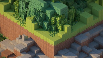Isometric pixelated landscape featuring grassy terrain earth and stone blocks showcasing a stylized voxel world