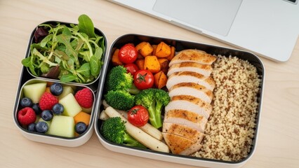 Healthy bento box with grilled chicken, vegetables, and fruit on a wooden table. Balanced meal concept for work lunch or diet.