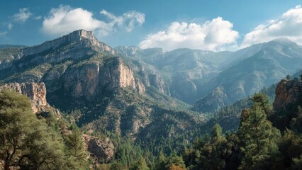 Scenic mountain valley with rugged cliffs, dense pine forests, and a bright blue sky with scattered white clouds. Concept Scenic Mountain Valley, Rugged Cliffs, Dense Pine Forests, Bright Blue Sky