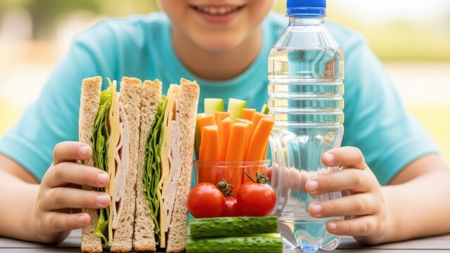 Child holding a healthy lunch with a sandwich, vegetables, and water. Balanced meal for school or picnic, promoting proper nutrition.