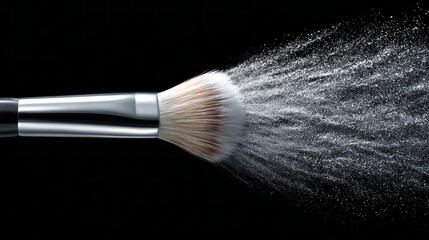 A makeup brush is poised dramatically against a dark backdrop, releasing a fine cloud of powder. This moment captures the artistry of makeup application in progress