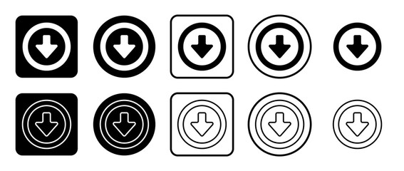 Icon set of download symbol. Filled, outline, black and white icons set, flat style.  Illustration on transparent background