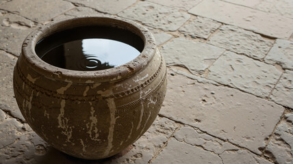 Naklejka premium Earthen pot with water on stone floor in traditional setting 