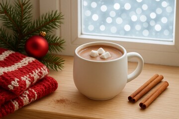 Holiday Hygge Setup with Hot Chocolate, Knitted Scarf, and Pine Sprig 