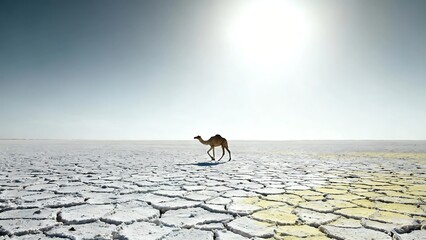 A camel walks across a vast, barren salt flat under the scorching sun, highlighting the dire challenge of survival.