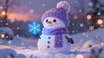 A cute cartoon snowman stands amidst the white snow at dusk, wearing a purple wool hat and scarf, holding a glowing blue snowflake in his hand, perfect for a winter holiday scene.