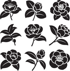 Collection of Camellia Flower Silhouettes in Black and White Vector Design