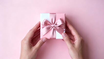 A pair of hands hold a small gift box, wrapped in light pink paper and tied with a bow of the same color satin ribbon, against a plain pastel pink background.
