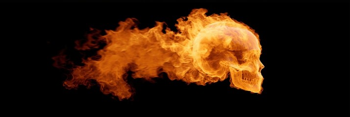 Fiery skull in motion on black background imagery
