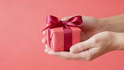 A pair of hands hold a small gift box, wrapped in light red paper and tied with a bow of the same color satin ribbon, against a plain pastel pink background.