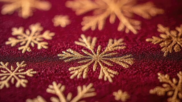 golden snowflake designs embroidered on a red fabric background Concept Golden snowflake embroidery, Red fabric backdrop, Festive textile design, Metallic threadwork