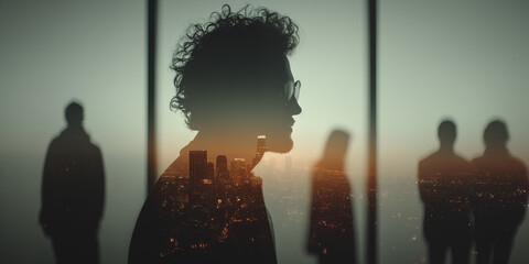 Business team silhouettes standing by a large glass window, the city skyline is reflected on the glass walls at sunset, blurred motion and a double exposure effect