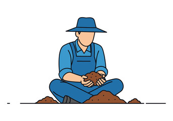 A farmer wearing blue overalls and a hat sits cross-legged, examining a handful of rich soil.