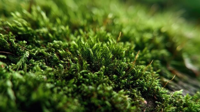 Close-up of bright green moss spreading across a damp, earthy surface. Concept Macro moss texture, Damp forest floor close-up, Bright green moss growth, Earthy surface detail - Powered by Adobe