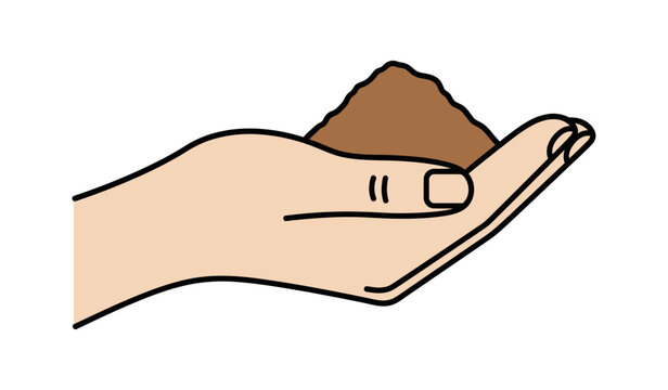 An illustrated human hand cupped to hold a small pile of brown soil or sand.