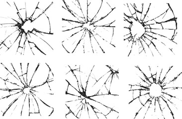 Broken glass set for modern design. Cracked glass. Broken window shattered glassy surface and broken windshield glass texture silhouette vector illustration. Eps 10
