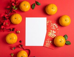 Vibrant AI-generated flat lay for Chinese New Year. Features red ang pao, tangerines, and blossoms on a red background with central copy space. Perfect for holiday greetings.