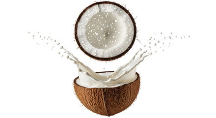 Fresh coconut halves with splashing milk on a clean white background for recipes