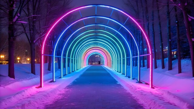 Neon Lit Tunnel Forming Holographic Tree Path Toward Futuristic Winter Festival Blending Digital Art Innovation And Vibrant Light In A Sci Fi Celebration Of Modern Winter Magic