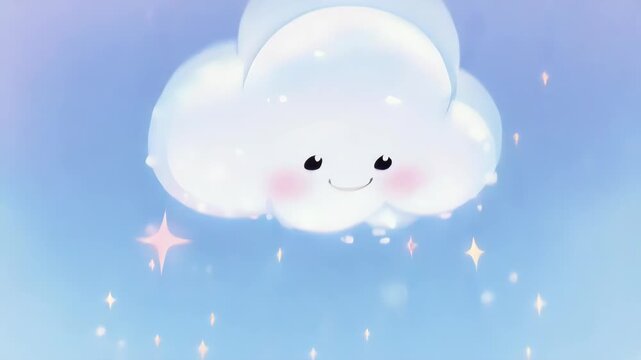 Whimsical illustration of a smiling cloud with blush cheeks and twinkling stars