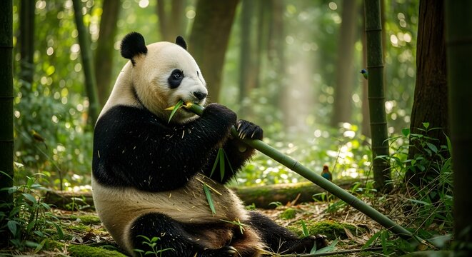 Panda eating bamboo forest wildlife nature animal mammal bear endangered species conservation zoo cute - Powered by Adobe