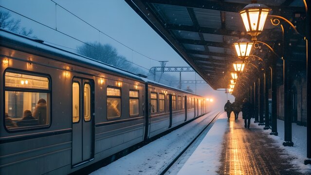 Train Departing Snowy Station Beneath Glowing Lanterns And Frosted Window Reflections Capturing The Romance Of Winter Journeys Night Lights And The Nostalgic Charm Of Travel