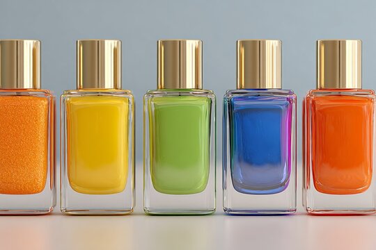 Nail polish bottles aligning in a row, featuring a rainbow of colors