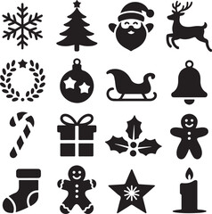 Collection of festive Christmas Holiday black icons and symbols vector illustration