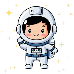Cute Cartoon Astronaut Character in White Space Suit Waving Hello Against Starry Black Space Background