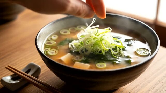 A hand garnishing a bowl of miso soup with fresh green onions in a cozy setting