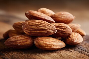 Close-up of a group of shelled almonds on a warm wooden surface